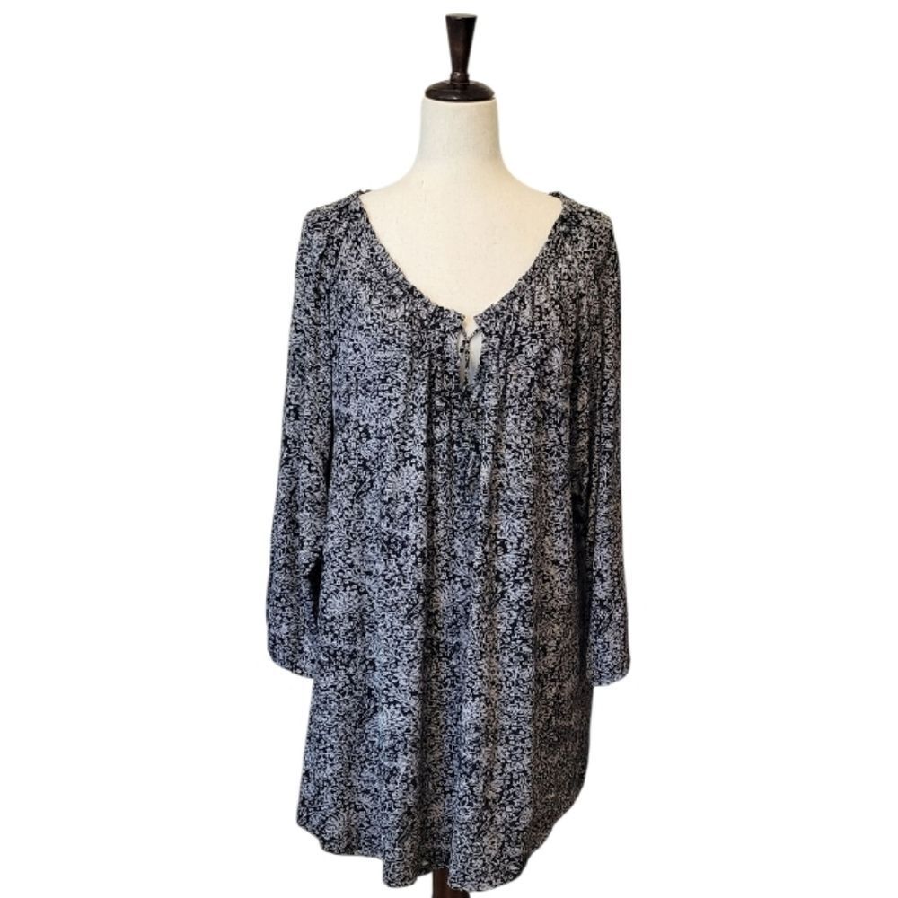 Lucky Brand Black and Cream Floral Patterned 3/4 Sleeve Top Size 3X